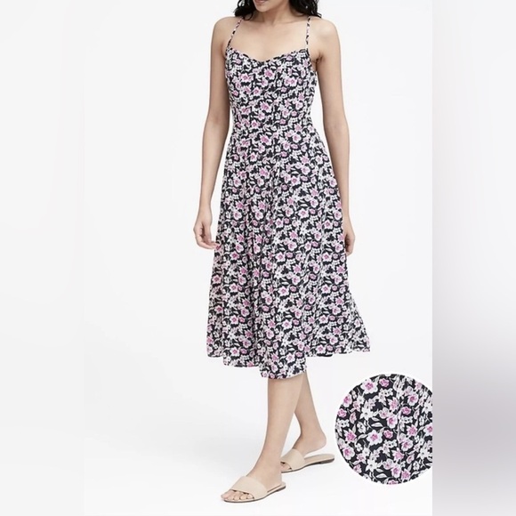Banana Republic Pleated Chiffon Floral Midi Dress Size 8 Black Pink Fit & Flare - Picture 1 of 14